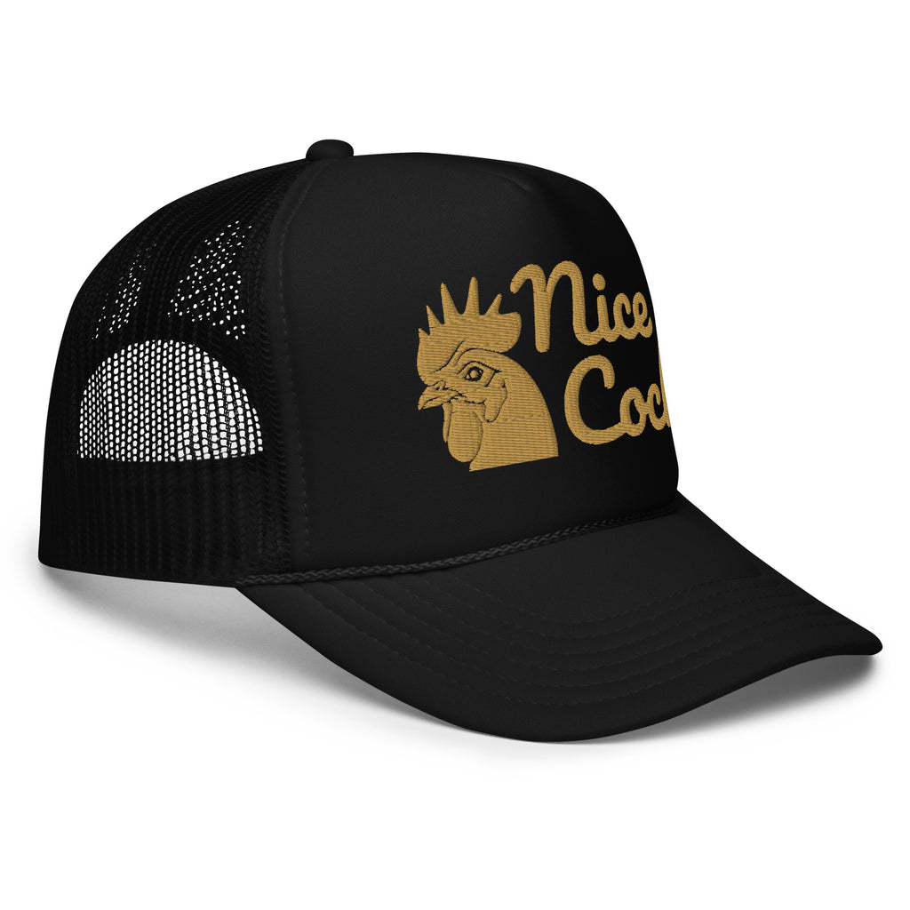 Nice Cock Foam Trucker Hat in Black - right front view