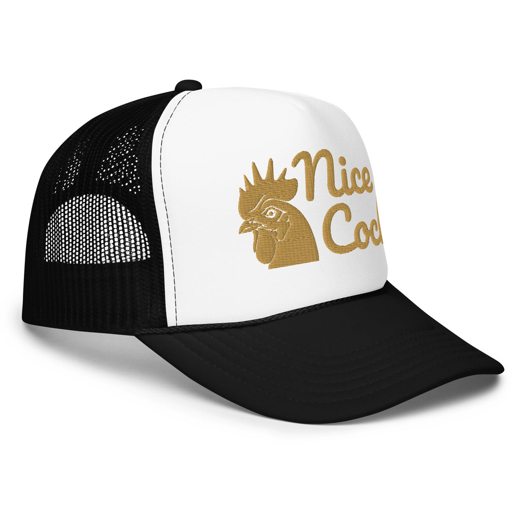 Nice Cock Foam Trucker Hat in Black White Black - right front view