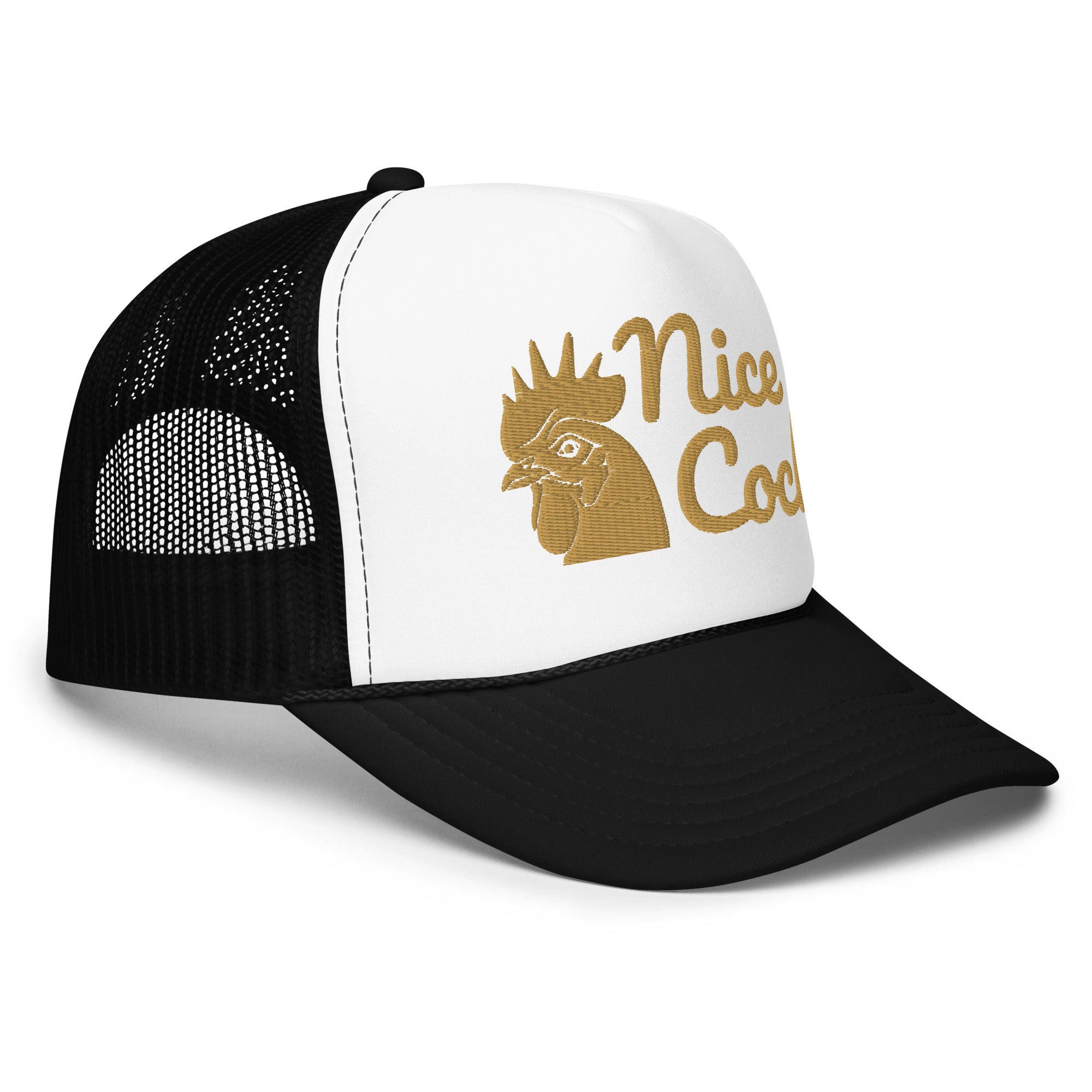 Nice Cock Foam Trucker Hat in Black White Black - right front view