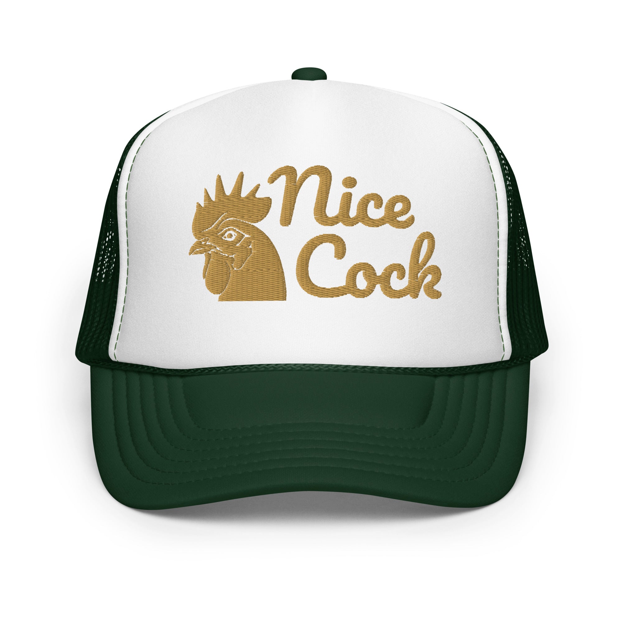 Nice Cock Foam Trucker Hat in Dark Green White Dark Green - front view