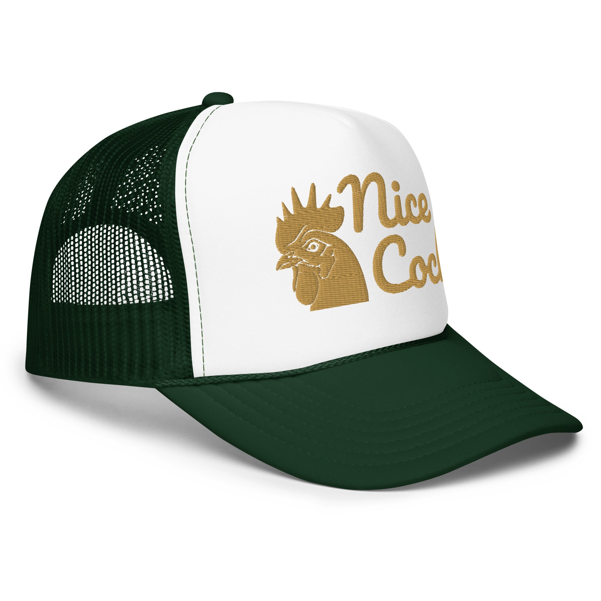 Nice Cock Foam Trucker Hat in Dark Green White Dark Green - right front view