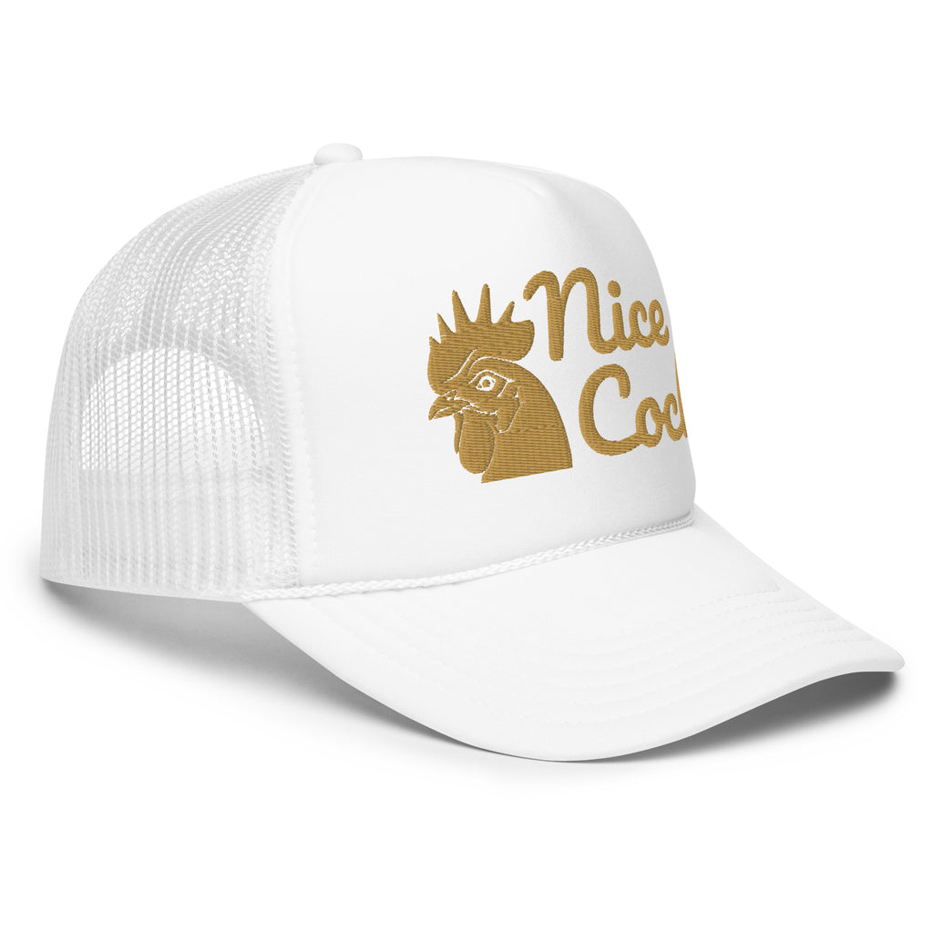 Nice Cock Foam Trucker Hat in White - right front view