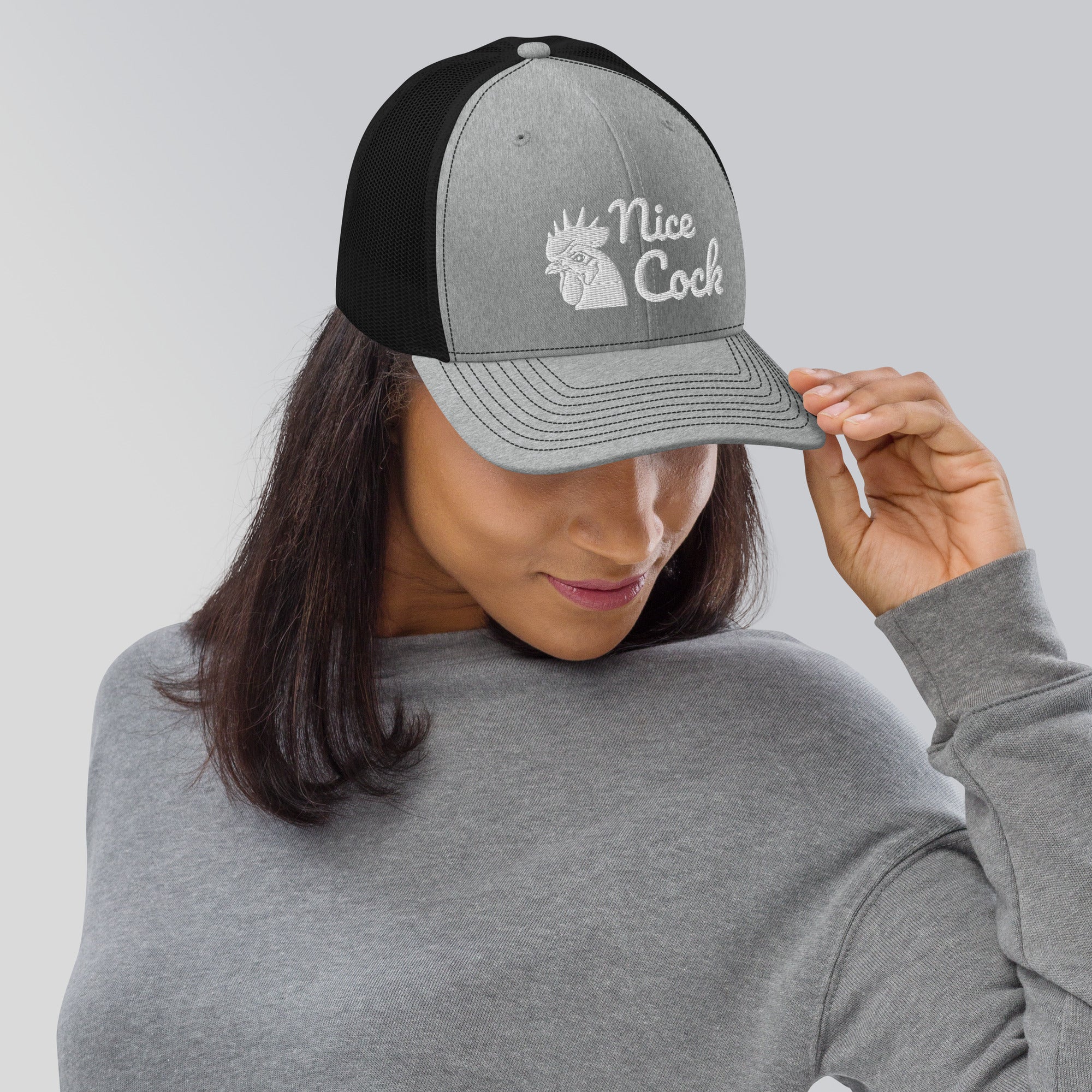 Nice Cock Trucker Cap in Heather Grey Black - front view