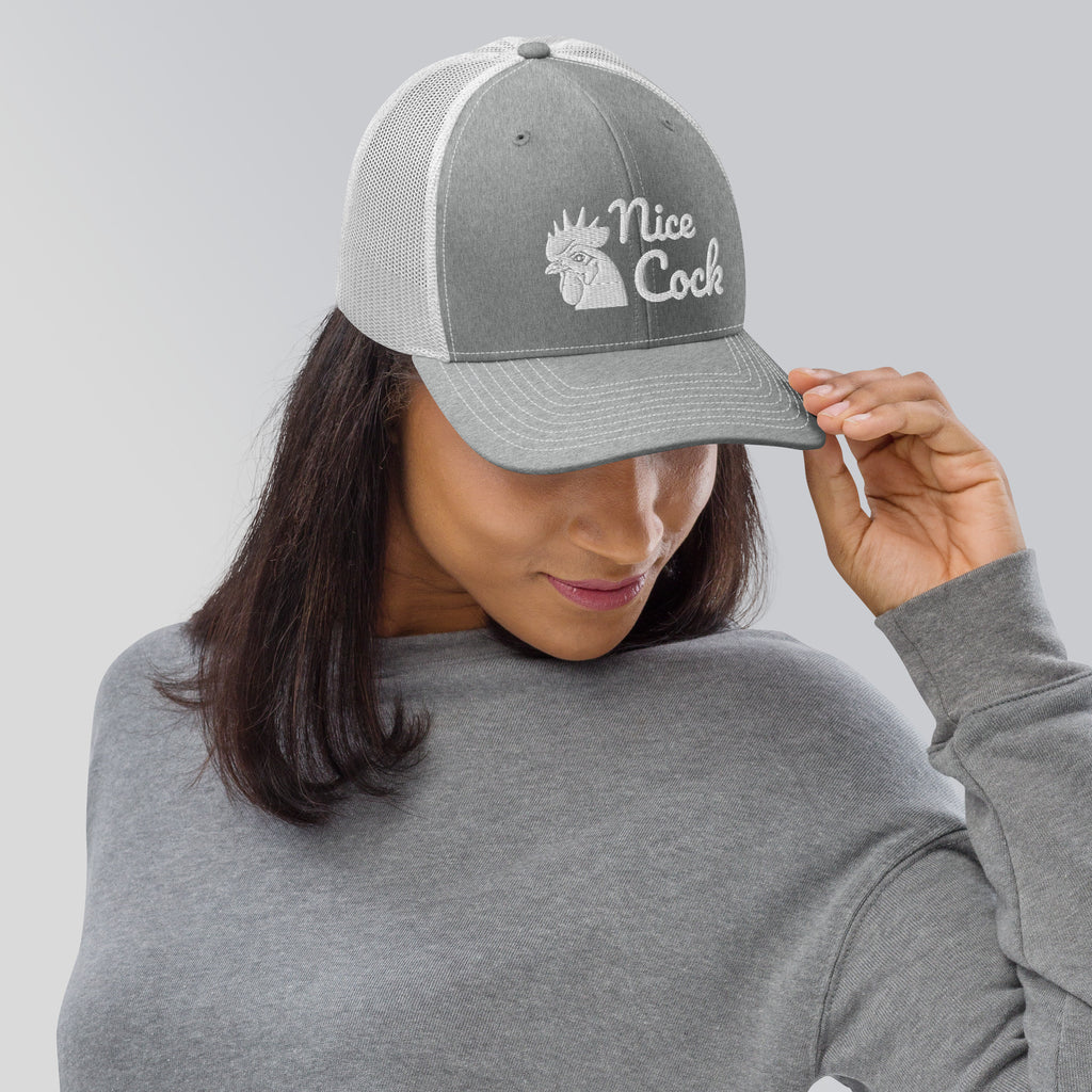 Nice Cock Trucker Cap in Heather Grey White - front view