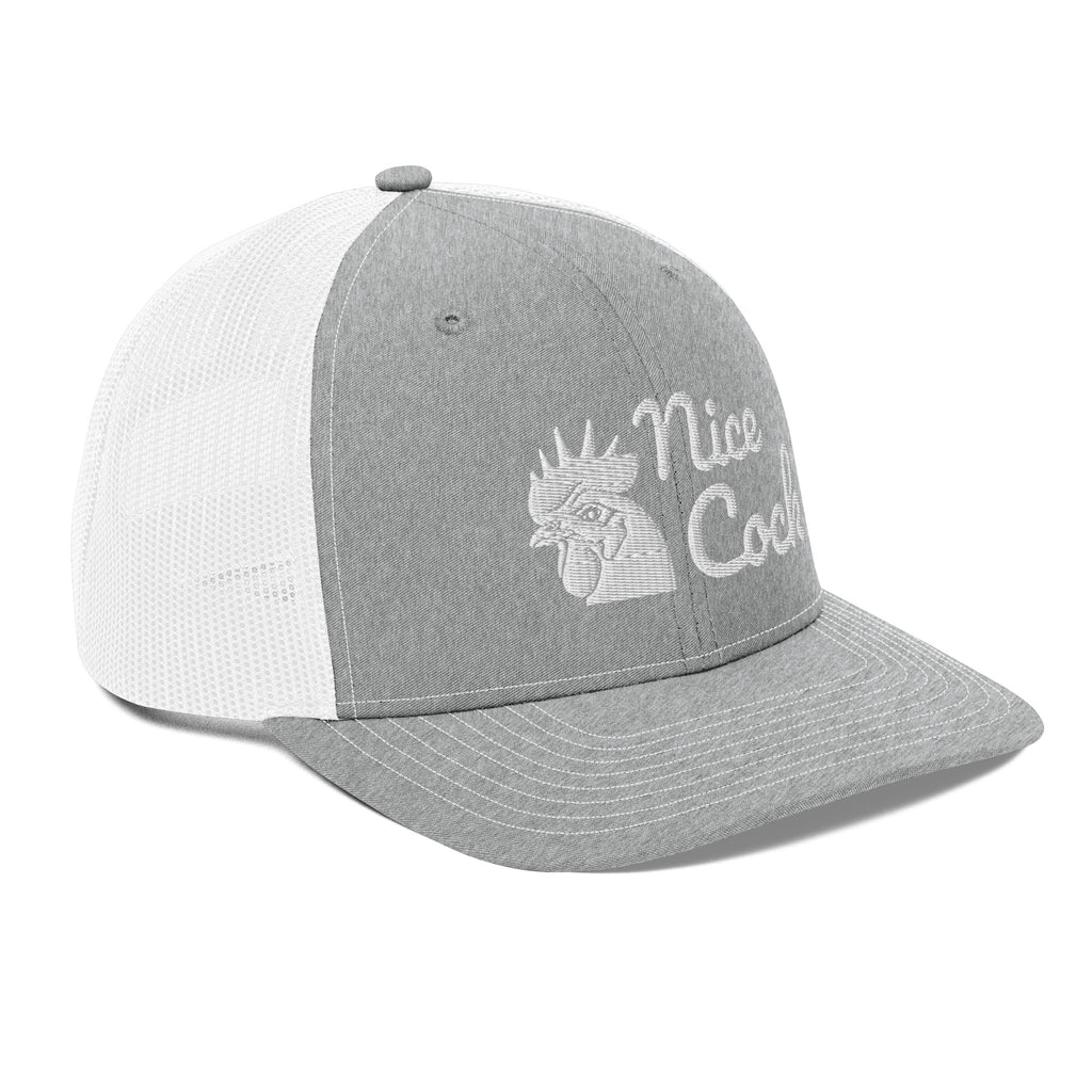 Nice Cock Trucker Cap in Heather Grey White - right front view