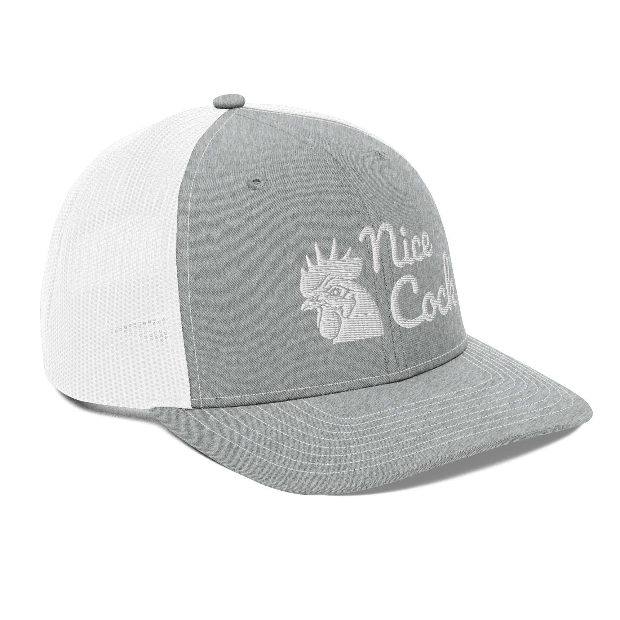 Nice Cock Trucker Cap in Heather Grey White - right front view