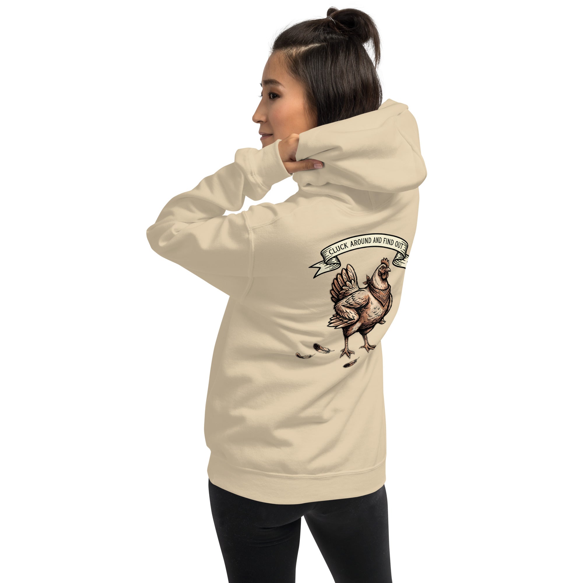 Cluck Around and Find Out hoodie in Sand - back view
