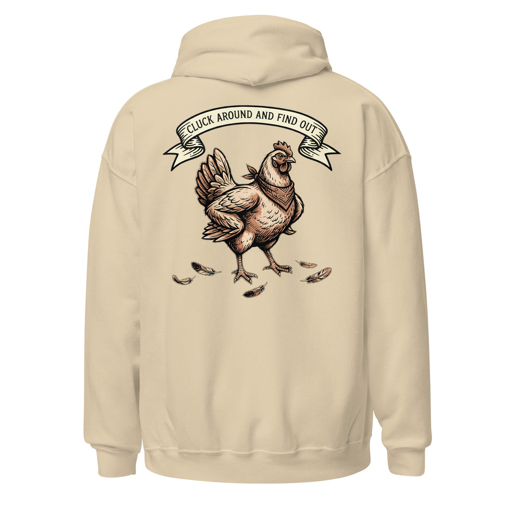 Cluck Around and Find Out hoodie in Sand - back view