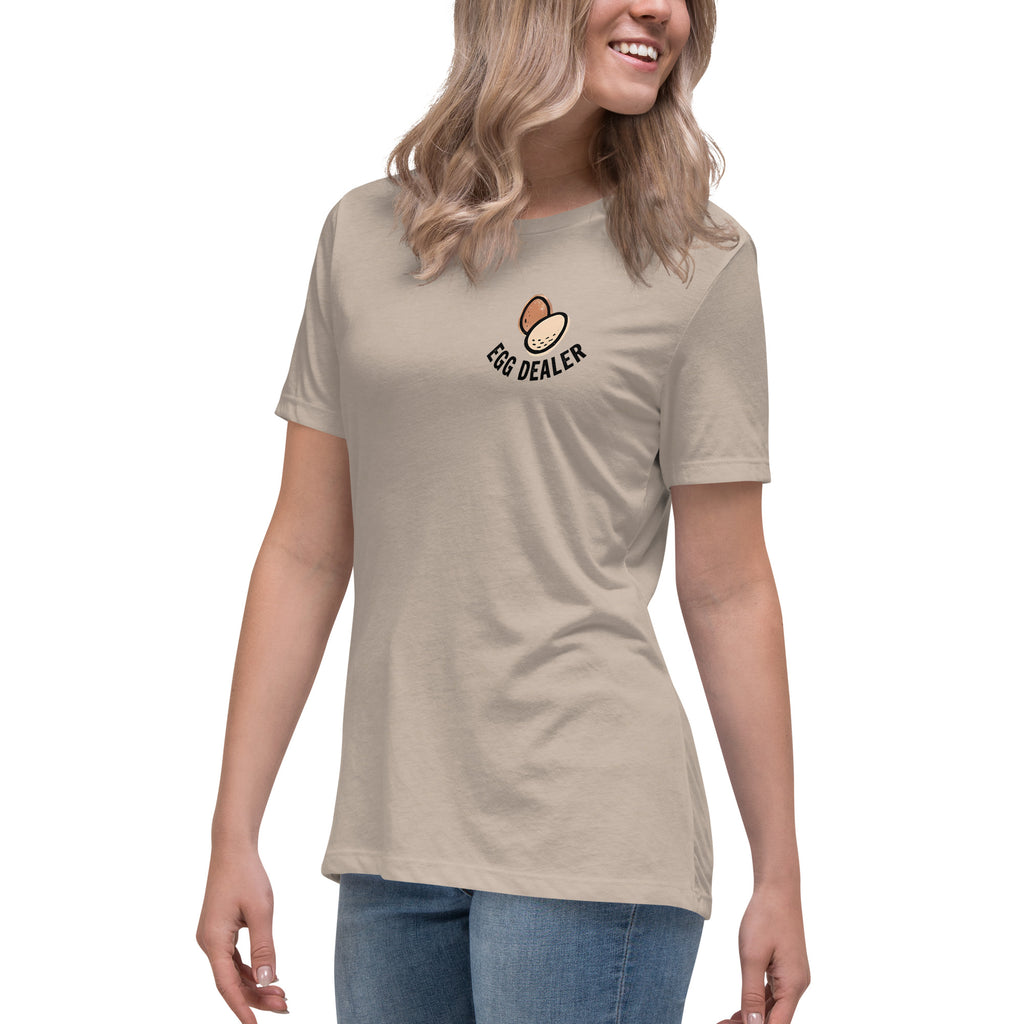 Support Your Local Egg Dealer Women's Tee in Heather Stone - left front view