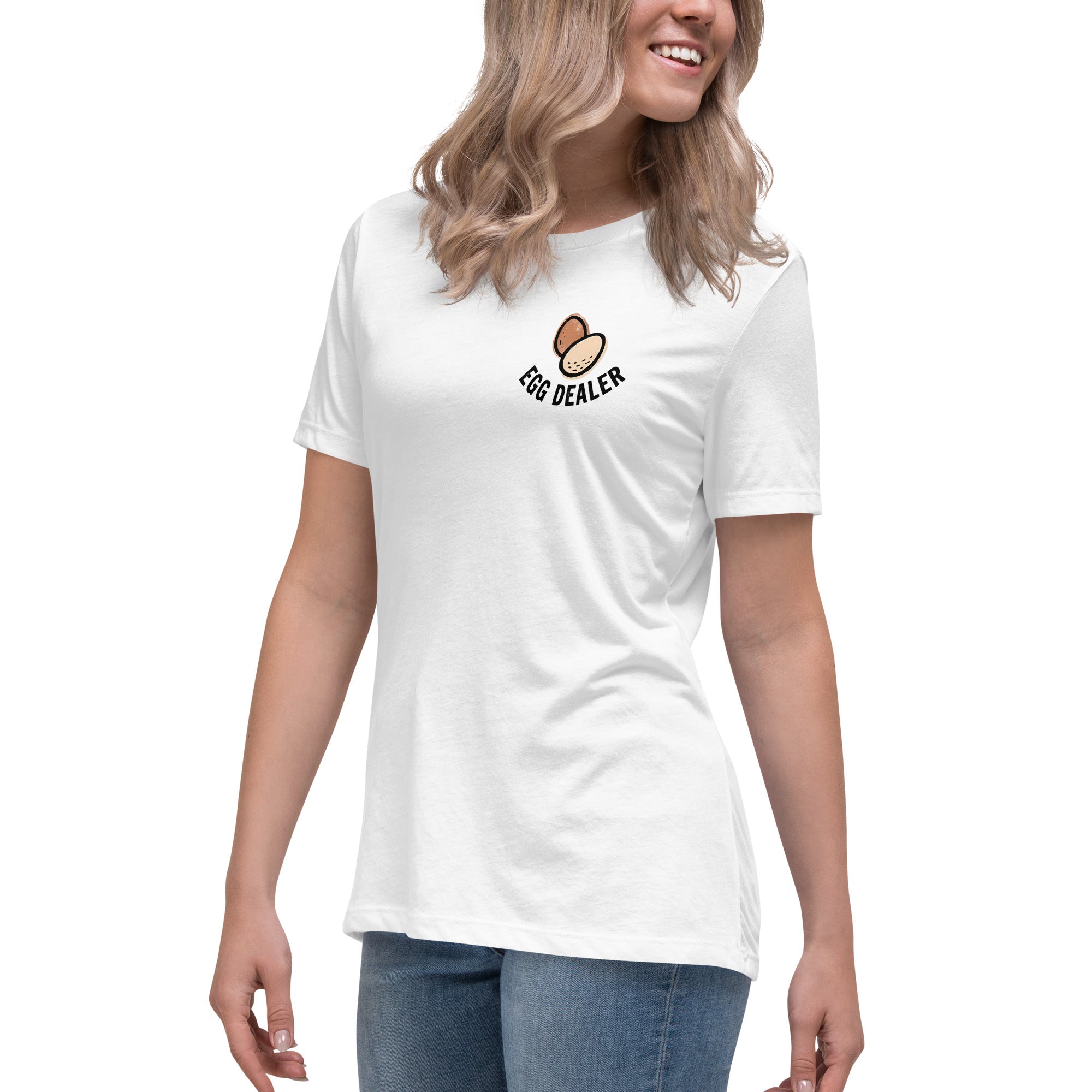 Support Your Local Egg Dealer Women's Tee in White - left front view